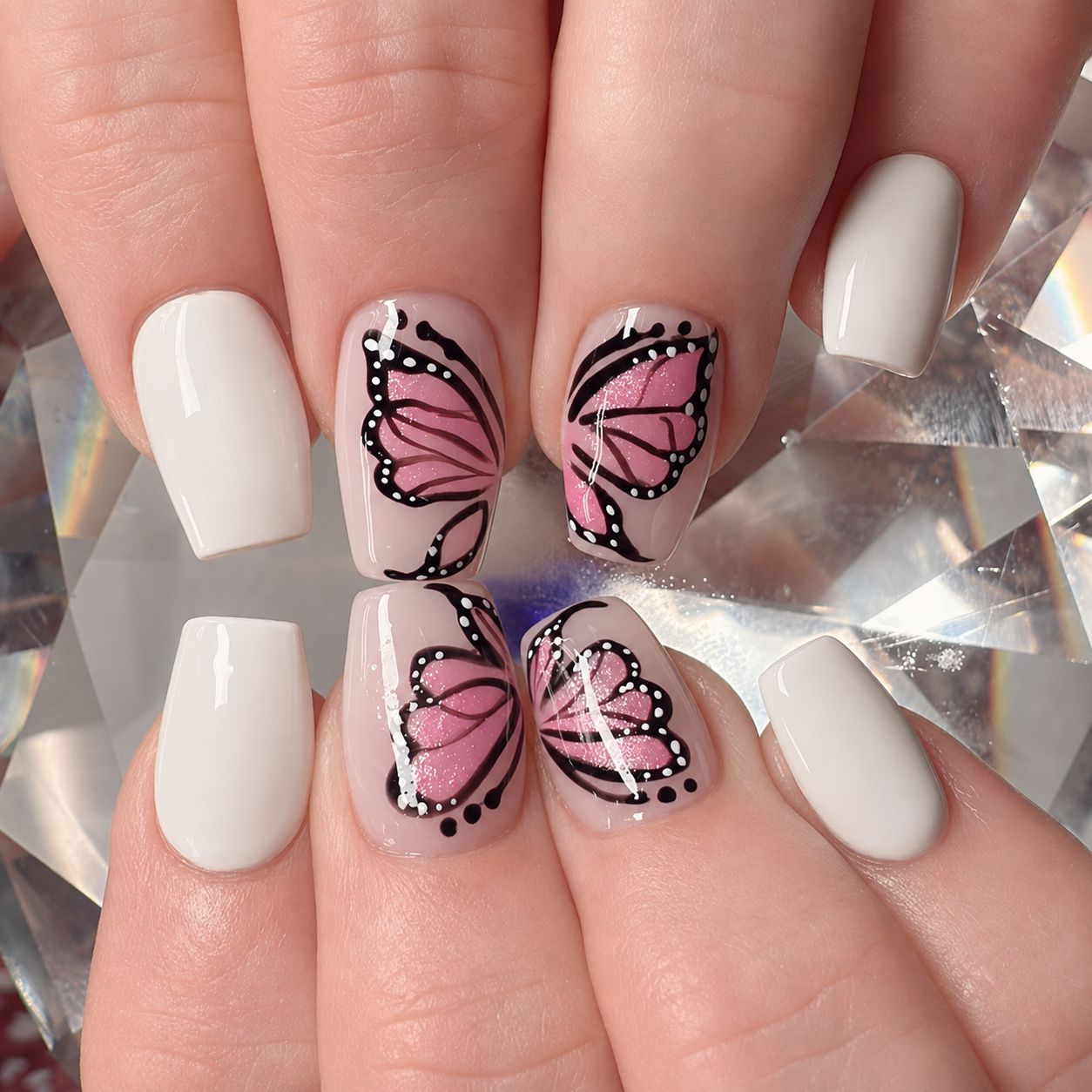 White and pink butterfly nail art by Nail Lit