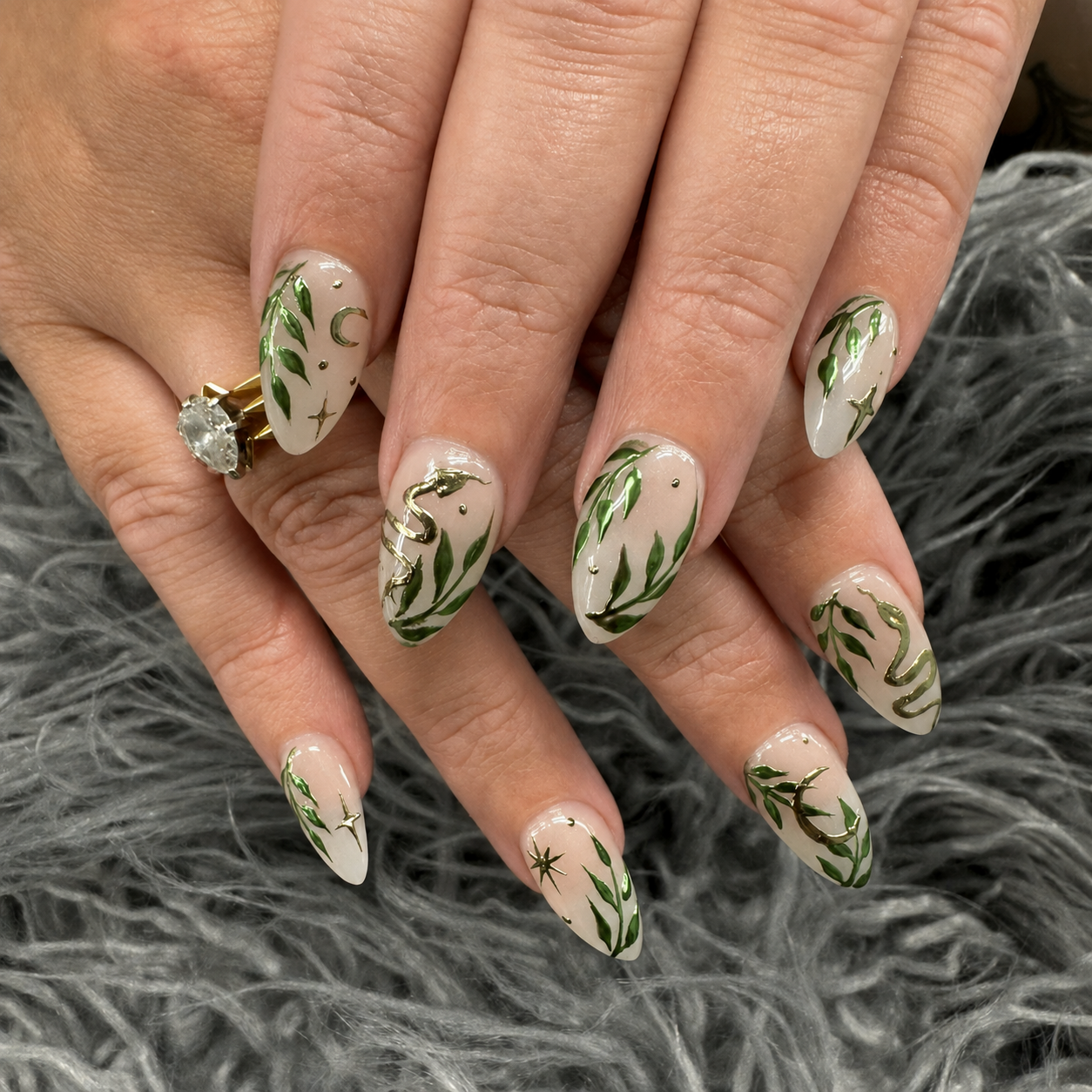 Green botanical nail art by Nail Lit