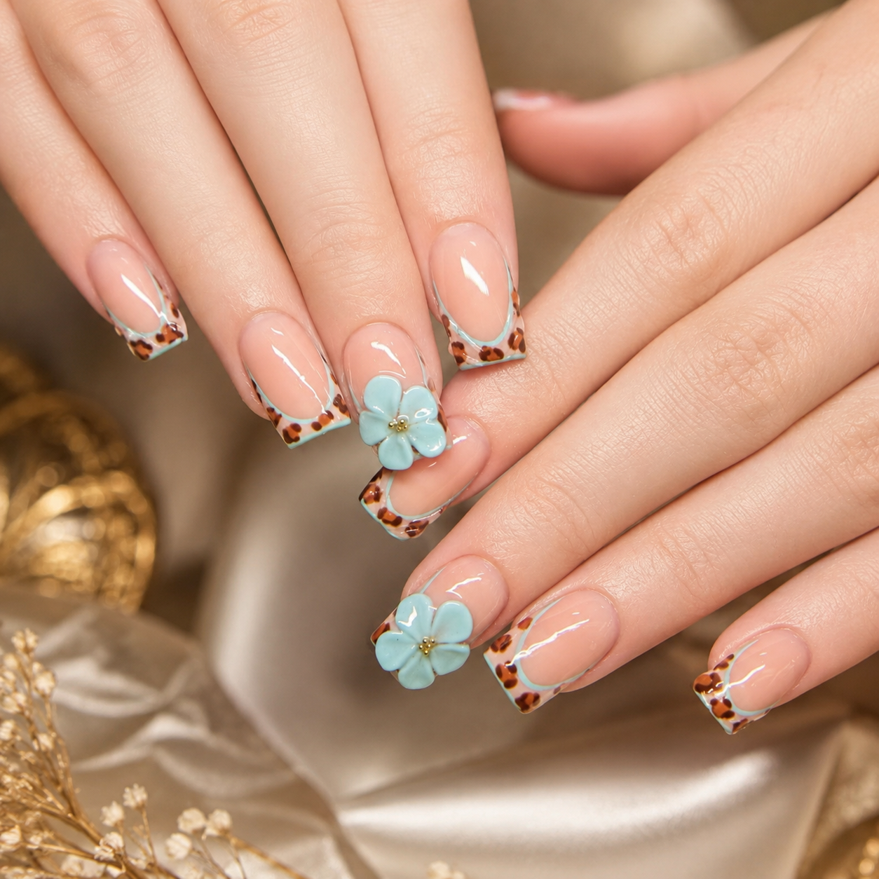 Aqua floral French nail art by Nail Lit