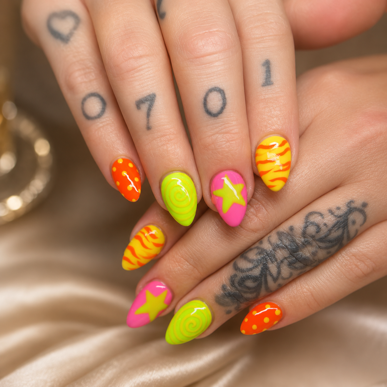 Bright citrus and neon custom nail art by Nail Lit