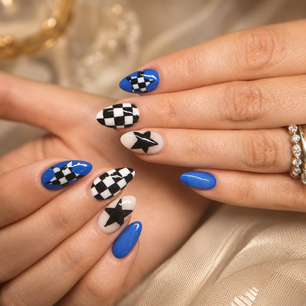 Blue checkerboard custom nail art by Nail Lit