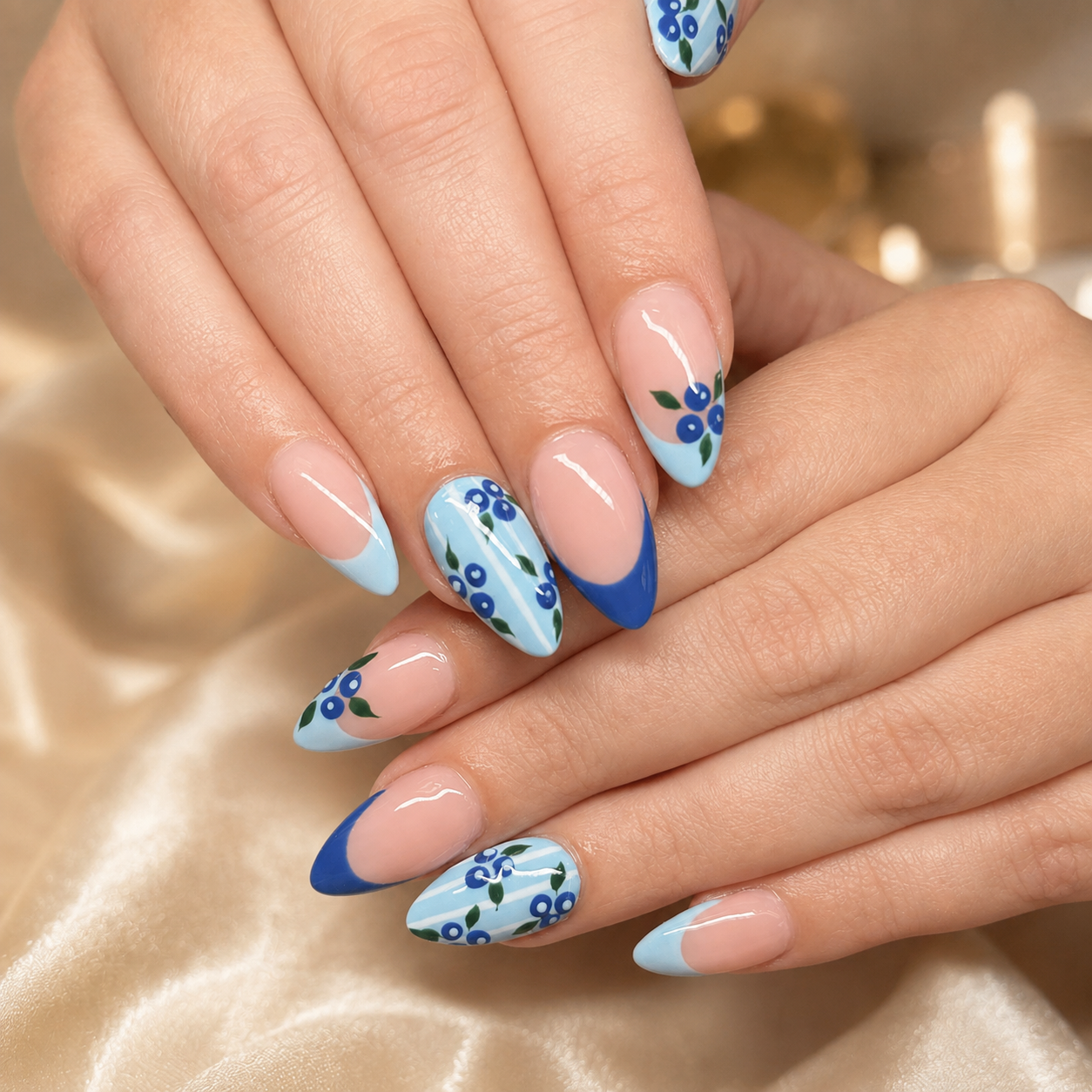 Blueberry floral French nail art by Nail Lit