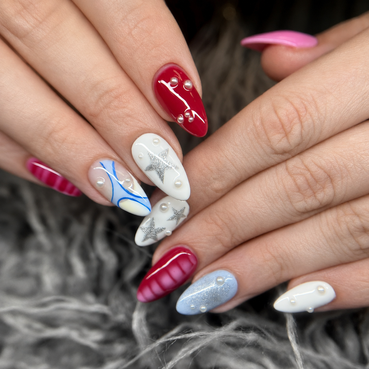 Red white and blue custom nail art by Nail Lit