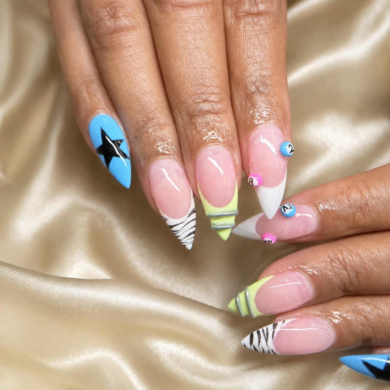 Detailed blue custom nail art by Nail Lit