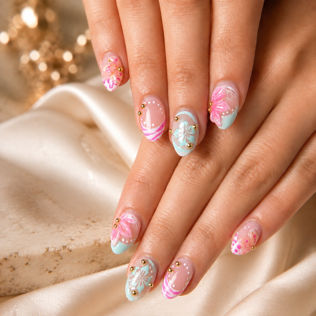 Pastel floral nail art on a luxury satin setting