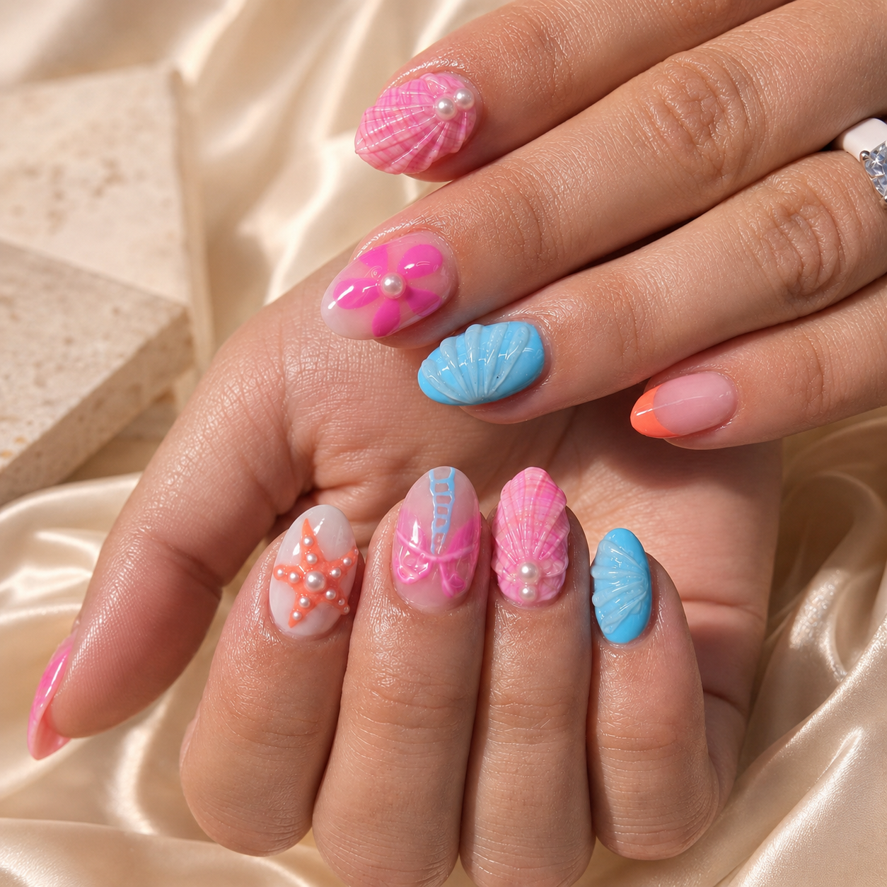 Colorful seashell nail art by Nail Lit